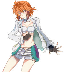 Rule 34 | 1girl, bad id, bad pixiv id, breasts, detached collar, fingerless gloves, gloves, hayuki106, ibis douglas, jacket, midriff, navel, red eyes, red hair, short hair, shorts, simple background, small breasts, solo, super robot wars, white background