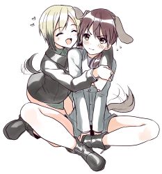 Rule 34 | 2girls, :d, afterimage, animal ears, bad id, bad pixiv id, black footwear, black jacket, blonde hair, blush, boots, brown eyes, brown hair, closed eyes, closed mouth, collared shirt, dog ears, dog girl, dog tail, erica hartmann, flying sweatdrops, gertrud barkhorn, green shirt, grey jacket, highres, hug, ichiren namiro, jacket, long hair, long sleeves, low twintails, multicolored hair, multiple girls, open mouth, shirt, simple background, sitting, smile, streaked hair, strike witches, tail, tail wagging, twintails, white background, world witches series