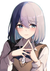 Rule 34 | 1girl, absurdres, black sweater vest, blue bow, blue bowtie, blue eyes, blue hair, blurry, blush, bow, bowtie, chinese commentary, closed mouth, collared shirt, commentary, depth of field, dress shirt, hair between eyes, highres, kurokawa akane, long sleeves, looking at viewer, medium hair, miuna (498475051), oshi no ko, school uniform, shade, shirt, simple background, solo, steepled fingers, sweater vest, upper body, white background, white shirt