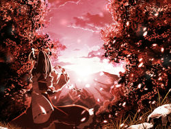Rule 34 | 1girl, bow, cherry blossoms, detached sleeves, female focus, from behind, gohei, hair bow, hair tubes, hakurei reimu, kazetto, landscape, long skirt, monochrome, mountain, ponytail, red theme, rock, skirt, skirt set, sleeves past wrists, solo, standing, sunlight, touhou, tree, wide sleeves