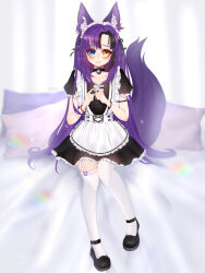 Rule 34 | 1girl, absurdres, animal ear fluff, animal ears, artist name, awful queen (vtuber), bell, blush, fox ears, fox girl, fox tail, heterochromia, highres, indie virtual youtuber, looking at viewer, maid, maid headdress, neck bell, on bed, pillow, sixteen moons, tail, thighhighs, virtual youtuber