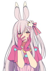 Rule 34 | 1girl, animal ears, blush, closed mouth, cosplay, dress, gloves, grey hair, hands on own face, hands up, hitsuki rei, hoshino ai (oshi no ko), hoshino ai (oshi no ko) (cosplay), indie virtual youtuber, long hair, looking at viewer, multicolored hair, nica wolper, one side up, oshi no ko, pink dress, pink gloves, pink hair, rabbit ears, red eyes, simple background, smile, solo, star (symbol), streaked hair, symbol-shaped pupils, very long hair, virtual youtuber, white background