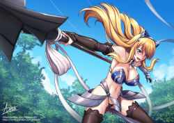 Rule 34 | 1girl, :d, adsouto, animal ears, armor, armpits, asymmetrical sleeves, bikini armor, black panties, black sleeves, black thighhighs, blonde hair, blue eyes, blue sky, blush, breasts, cat ears, cleavage, day, detached sleeves, elina (queen&#039;s blade), fake animal ears, floating hair, gauntlets, grey hairband, hair between eyes, hairband, highres, holding, holding polearm, holding weapon, large breasts, long hair, long sleeves, navel, open mouth, outdoors, panties, polearm, queen&#039;s blade, sideboob, signature, sky, smile, solo, strapless, thighhighs, underwear, very long hair, watermark, weapon, web address