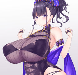 Rule 34 | 1girl, black one-piece swimsuit, breasts, fate/grand order, fate (series), gloves, hair up, half gloves, highleg, highleg swimsuit, highres, huge breasts, impossible clothes, looking at viewer, murasaki shikibu (fate), murasaki shikibu (swimsuit rider) (fate), one-piece swimsuit, purple eyes, shawl, solo, swimsuit, upper body, yuuki shuri