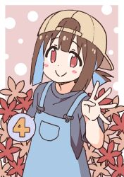 Rule 34 | 1girl, backwards hat, baseball cap, blue hair, blue overalls, blue shirt, blush stickers, brown hair, commentary, finger counting, hat, hozuki kaede, leaf, light blue hair, looking at viewer, maple leaf, name connection, nekotoufu, object namesake, official art, onii-chan wa oshimai!, overalls, pink eyes, shirt, short hair, short ponytail, short sleeves, smile, solo, spoken number, spread fingers, t-shirt, tomboy, upper body