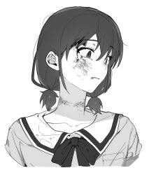 1girl blood blood_on_face commentary_request cropped_torso girls_band_cry greyscale injury iseri_nina korean_commentary low_twintails monochrome neck_ribbon ribbon school_uniform scrape short_twintails simple_background solo ta_gk twintails upper_body