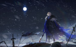Rule 34 | 1boy, armor, artist name, battlefield, blonde hair, blood, blood on face, bloody weapon, blue cape, blue eyes, cape, copyright name, corpse, dimitri alexandre blaiddyd, fire emblem, fire emblem: three houses, full moon, fur trim, highres, legs apart, looking away, male focus, moon, night, night sky, nintendo, outdoors, planted sword, planted, polearm, profile, scenery, sky, snow, snowing, solo, spear, standing, sword, torn cape, torn clothes, uwro, weapon, wind