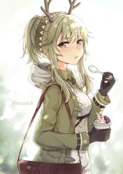 Rule 34 | 1girl, absurdres, antlers, arknights, bag, berry, black gloves, blurry, blurry background, blush, breasts, character name, collared shirt, cup, depth of field, dress, firewatch (arknights), gloves, green eyes, green hair, green hairband, green jacket, green shirt, hair between eyes, hairband, hand up, highres, holding, holding cup, holding spoon, hood, hood down, hooded jacket, horns, jacket, long hair, long sleeves, looking at viewer, looking to the side, mango (mgo), open clothes, open jacket, parted lips, ponytail, shirt, shoulder bag, sidelocks, small breasts, solo, spoon, upper body, white dress