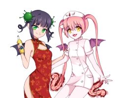 Rule 34 | 2girls, bat wings, black hair, bottle, breasts, china dress, chinese clothes, cleavage, cleavage cutout, clothing cutout, corona-chan, corona (brand), coronavirus, coronavirus pandemic, cowboy shot, dp6523, dress, ebola-chan, fang, green eyes, hair ornament, hand on another&#039;s shoulder, hat, holding, holding bottle, looking at viewer, meme, multiple girls, nurse cap, open mouth, original, pale skin, pink hair, side slit, smile, trait connection, transparent background, twintails, wings, yellow eyes