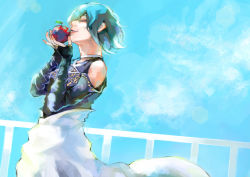 Rule 34 | 1girl, absurdres, apple, bare shoulders, black shirt, bridal gauntlets, closed eyes, closed mouth, cowboy shot, day, food, from side, fruit, green hair, hair over one eye, highres, kirishima touka, kyuuba melo, outdoors, profile, red apple, shirt, short hair, skirt, smile, solo, tokyo ghoul, tokyo ghoul:re, white skirt