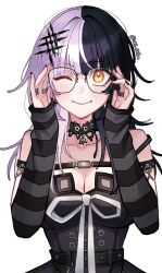 Rule 34 | 021 shiro, 1girl, bespectacled, black-framed eyewear, black dress, black hair, black nails, breasts, cleavage, detached sleeves, dress, glasses, grey hair, highres, hololive, hololive english, jewelry, medium breasts, multicolored hair, one eye closed, ring, shiori novella, shiori novella (1st costume), simple background, smile, split-color hair, twitter username, virtual youtuber, white background, yellow eyes