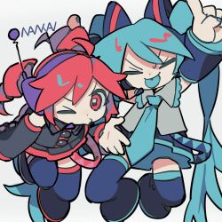 Rule 34 | 2girls, :p, ahoge, arms up, black shirt, black skirt, black sleeves, blowing kiss, blue footwear, blue hair, blue skirt, blue sleeves, boots, chibi, closed eyes, commentary, detached sleeves, drill hair, facing viewer, floating hair, full body, grey shirt, hair ornament, hatsune miku, headset, highres, kasane teto, long hair, looking at viewer, multiple girls, nankai (nankai san), one eye closed, pleated skirt, pointing, pointing up, radio antenna, red hair, shirt, signature, simple background, skirt, sleeveless, sleeveless shirt, smile, symbol-only commentary, thigh boots, tongue, tongue out, twin drills, twintails, utau, v-shaped eyebrows, very long hair, vocaloid