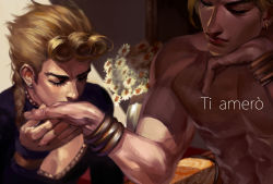 Rule 34 | 2boys, abs, blonde hair, bracelet, braid, cleavage cutout, clothing cutout, dio brando, earrings, emg (christain), eyelashes, father and son, flower, giorno giovanna, head rest, jewelry, jojo no kimyou na bouken, kiss, kissing hand, looking at another, looking away, male focus, multiple boys, muscular, sitting, topless male, vase, vento aureo