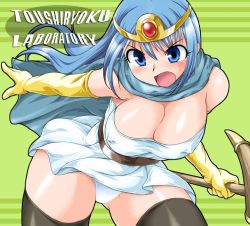 Rule 34 | 1girl, blue eyes, breasts, chunsoft, cleavage, covered erect nipples, dragon quest, dragon quest iii, elbow gloves, enix, gloves, large breasts, long hair, sage (dq3), solo, square enix, thighhighs, toushi ryoku