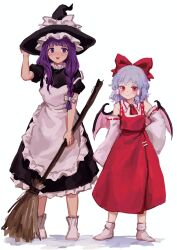 Rule 34 | 2girls, apron, ascot, bat wings, black dress, blue hair, blush, bow, braid, broom, collared shirt, commentary, cosplay, detached sleeves, dress, embodiment of scarlet devil, english commentary, frilled dress, frilled headwear, frills, full body, hair bow, hair tubes, hakurei reimu, hakurei reimu (cosplay), hand on own hip, hat, height difference, highres, himuhino, holding, holding broom, kirisame marisa, kirisame marisa (cosplay), long hair, looking at viewer, medium hair, multiple girls, nose blush, patchouli knowledge, purple eyes, purple hair, red ascot, red eyes, red skirt, remilia scarlet, shirt, short sleeves, side braid, simple background, single braid, skirt, smile, socks, strap slip, touhou, white apron, white background, white bow, white sleeves, white socks, wings, witch hat