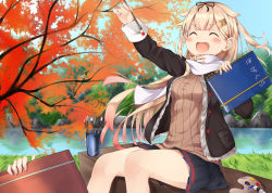 Rule 34 | 10s, 1girl, 1other, :d, ^ ^, arm up, black ribbon, black skirt, blonde hair, blush, closed eyes, coat, hair flaps, hair ornament, hair ribbon, hairclip, kantai collection, lake, long hair, nyum, open mouth, paint, paintbrush, palette (object), pleated skirt, ribbed sweater, ribbon, scarf, sitting, sketchbook, skirt, smile, solo focus, sweater, tree, white scarf, yuudachi (kancolle)