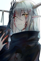 Rule 34 | 1girl, absurdres, arknights, blood, blood in hair, blood on clothes, blood on face, blood on hands, cloak, closed mouth, elsi, glowing, glowing eyes, high collar, highres, horns, looking at viewer, mask, unworn mask, pointy ears, shining (arknights), solo, upper body, yellow eyes