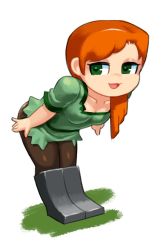 Rule 34 | 1girl, alex (minecraft), boots, breasts, brown pants, cleavage, full body, green eyes, green shirt, hair over shoulder, highres, leaning forward, long hair, looking to the side, minecraft, minuspal, open mouth, orange hair, pants, shirt, short sleeves, simple background, small breasts, smile, solo, standing, third-party source