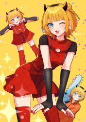 Rule 34 | 1girl, :3, black gloves, blonde hair, blue eyes, blush, chainsaw, cleavage cutout, closed mouth, clothing cutout, collared shirt, commentary request, double bun, double v, dress, dress shirt, earrings, elbow gloves, fangs, fingerless gloves, gloves, hair bun, highres, jewelry, junjonta, looking at viewer, mem-cho, multicolored hair, multiple views, nail polish, one eye closed, open mouth, orange shirt, oshi no ko, red dress, red nails, red thighhighs, roots (hair), shirt, short hair, short sleeves, sidelocks, sparkle, thighhighs, twitter username, v, zettai ryouiki