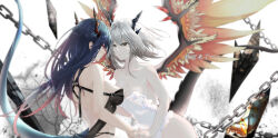 Rule 34 | 2girls, absurdres, arknights, bare shoulders, black hair, breasts, bright pupils, brown eyes, ch&#039;en (arknights), chain, cleavage, closed mouth, collarbone, covered navel, crystal, dragon girl, dragon horns, dragon tail, eye contact, gradient hair, grey hair, highres, horns, leotard, looking at another, medium breasts, multicolored hair, multiple girls, red eyes, red hair, revealing clothes, short hair, sideboob, smile, strapless, strapless leotard, tail, talulah (arknights), upper body, viod yuhua, white leotard, wings, yuri