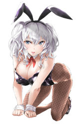 Rule 34 | 1girl, all fours, animal ears, ascot, black footwear, black leotard, blue eyes, breasts, brown pantyhose, cleavage, commentary request, detached collar, fake animal ears, fishnet pantyhose, fishnets, full body, high heels, kantai collection, kashima (kancolle), large breasts, leotard, looking at viewer, pantyhose, playboy bunny, rabbit ears, rabbit tail, red ascot, sidelocks, silver hair, solo, strapless, strapless leotard, tail, tororo ten, twintails, wavy hair, white background, wrist cuffs