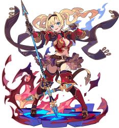 Rule 34 | 1girl, armor, armored boots, arms up, artist request, asymmetrical bangs, belt, black footwear, black panties, blonde hair, blue eyes, blue fire, blush, boots, braid, breasts, brown hairband, cleavage, crystal, female focus, fire, french braid, full body, gauntlets, granblue fantasy, greaves, hair intakes, hairband, happy, highres, holding, holding polearm, holding weapon, knee pads, layered skirt, light blush, long hair, long sleeves, looking at viewer, medium breasts, midriff, navel, non-web source, official art, open mouth, panties, pigeon-toed, planted, pleated skirt, polearm, purple skirt, purple thighhighs, red armor, red vest, shoulder armor, showgirl skirt, shrug (clothing), sidelocks, skirt, smile, solo, stomach, thighhighs, transparent background, twintails, underwear, v-shaped eyebrows, vambraces, vest, weapon, world flipper, zeta (granblue fantasy)
