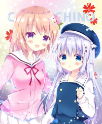 Rule 34 | 2girls, :d, bitter crown, blue eyes, blue hair, blue skirt, blue vest, blush, character name, chestnut mouth, collarbone, commentary request, gochuumon wa usagi desu ka?, hair between eyes, hair ornament, hairclip, hand up, hoto cocoa, hoto cocoa&#039;s school uniform, kafuu chino, kafuu chino&#039;s school uniform, light brown hair, long hair, long sleeves, looking at viewer, multiple girls, open mouth, parted lips, pink shirt, pleated skirt, purple eyes, red ribbon, ribbon, sailor collar, school uniform, serafuku, shirt, skirt, smile, very long hair, vest, white sailor collar, white shirt, white skirt, x hair ornament