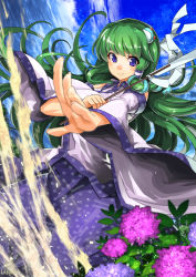 Rule 34 | 1girl, blue eyes, blue sky, cloud, day, detached sleeves, flower, foreshortening, frog hair ornament, gohei, green hair, hair ornament, kochiya sanae, long hair, long sleeves, looking at viewer, oonusa, outstretched arm, outstretched hand, shirt, skirt, sky, smile, snake hair ornament, solo, touhou, umigarasu (kitsune1963), very long hair, wide sleeves