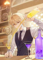 Rule 34 | 1boy, aether (genshin impact), bartender, black necktie, blonde hair, bottle, braid, braided ponytail, cocktail, cocktail glass, cocktail shaker, collared shirt, cup, drink, drinking glass, earrings, employee uniform, flower, genshin impact, hair flower, hair ornament, highres, indoors, jewelry, light particles, long hair, long sleeves, necktie, pouring, shirt, sleepy1292673668, smile, uniform, vest, yellow eyes
