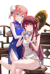 Rule 34 | 2girls, breasts, china dress, chinese clothes, chiune (yachi), closed mouth, crossed legs, cup, dress, green eyes, large breasts, long hair, looking at viewer, multiple girls, orange eyes, original, phonograph, pink hair, purple hair, sitting, sleeveless, sleeveless dress, small breasts, smile, standing, standing on one leg, teeth, thighhighs, white dress, white thighhighs