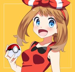 Rule 34 | 1girl, :d, blue eyes, blush, bow, breasts, brown hair, collarbone, creatures (company), game freak, hair bow, hairband, highres, holding, holding poke ball, long hair, looking at viewer, may (pokemon), nintendo, open mouth, poke ball, poke ball (basic), pokemon, pokemon oras, red hairband, red shirt, shirt, sleeveless, sleeveless shirt, small breasts, smile, solo, striped, striped bow, upper body, yellow background, yuihico