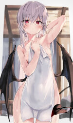 Rule 34 | 1girl, absurdres, arm behind head, armpits, blush, breasts, covering privates, demon girl, demon tail, demon wings, grey hair, highres, long hair, looking at viewer, naked towel, nude cover, original, red eyes, small breasts, solo, tail, toshizou (0714), towel, wet, wings