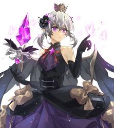 Rule 34 | 1girl, absurdres, blonde hair, bob cut, bug, butterfly, charlotte grace, crown, dress, elf, gem, gloves, gothic lolita, highres, insect, lolita fashion, looking to the side, lord of heroes, narugrm, pale skin, pointy ears, purple eyes, sleeveless, white background, wings