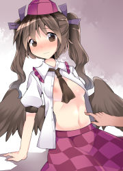 Rule 34 | 1girl, bad id, bad pixiv id, poking belly, blush, breasts, brown eyes, brown hair, dress shirt, hair ribbon, hammer (sunset beach), hat, himekaidou hatate, long hair, navel, nipples, no bra, open clothes, open shirt, ribbon, shirt, short sleeves, skirt, small breasts, solo focus, tokin hat, touhou, twintails, wings