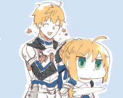 Rule 34 | 1boy, 1girl, ^ ^, ahoge, armor, arthur pendragon (fate), artoria pendragon (fate), blonde hair, blue background, chibi, excalibur (fate/stay night), closed eyes, fate/grand order, fate/prototype, fate/stay night, fate (series), flower, gloves, green eyes, jitome, headpat, riyo (lyomsnpmp) (style), saber (fate), simple background, smile, upper body