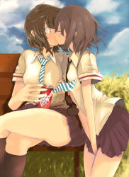 Rule 34 | 2girls, bad id, bad pixiv id, bench, blush, brown hair, can, comrade stalin, crossed legs, dr pepper, drink can, kiss, legs, multiple girls, necktie, product placement, school uniform, serafuku, short hair, sitting, skirt, soda can, surprised, yuri