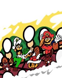 Rule 34 | 2boys, artist request, brothers, brown hair, expressionless, facial hair, gloves, goomba, hat, kicking, koopa shell, luigi, mario, mario (series), multiple boys, mustache, nintendo, overalls, siblings, source request, super mario bros. 1, tree, wings