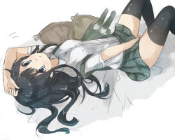 Rule 34 | 10s, 1girl, arm on own head, asashio (kancolle), bad id, bad pixiv id, between legs, black hair, black thighhighs, grey eyes, hand between legs, highres, kantai collection, long hair, lying, murakami meishi, on back, pillow, pleated skirt, simple background, skirt, solo, suspenders, thighhighs, white background