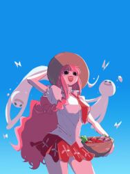 Rule 34 | 1girl, basket, black eyes, blue sky, blunt bangs, braided sidelock, collared shirt, commentary request, cowboy shot, eyelashes, ghost, hand on headwear, hat, highres, holding, holding basket, long hair, looking at viewer, monmonmochigome, necktie, one piece, perona, pink hair, red lips, red necktie, red skirt, shirt, short sleeves, skirt, sky, smile, straw hat, tomato, very long hair, white shirt