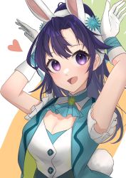 Rule 34 | 1girl, blush, breasts, caramelldansen, cleavage, fir (fire emblem), fire emblem, fire emblem: the binding blade, fire emblem heroes, hasumi 329, highres, looking at viewer, medium breasts, nintendo, open mouth, ponytail, purple eyes, purple hair, rabbit ears, smile, solo
