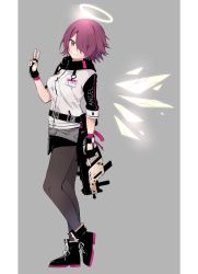 Rule 34 | 1girl, akagashi hagane, arknights, belt, black footwear, breasts, detached wings, exusiai (arknights), fingerless gloves, full body, gloves, grey pantyhose, gun, hair over one eye, halo, hand up, holding, holding gun, holding weapon, id card, jacket, kriss vector, looking at viewer, medium breasts, pantyhose, red eyes, red hair, shoes, short hair, smile, solo, submachine gun, v, weapon, white jacket, wings