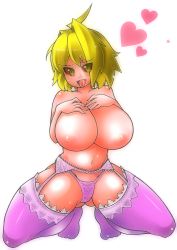 Rule 34 | 00s, 1girl, ahoge, arcueid brunestud, ato (bfj315), blonde hair, blush, body blush, breasts, cleavage, colored sclera, fang, full-face blush, garter belt, garter straps, heart, huge breasts, kneeling, lace, lace-trimmed panties, lace trim, melty blood, nipples, open mouth, panties, pink panties, pink thighhighs, red arcueid, red sclera, solo, spread legs, sweat, thick thighs, thighhighs, thighs, tongue, tongue out, topless, tsukihime, underwear, underwear only, yellow eyes