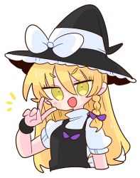 Rule 34 | 1girl, black hat, black vest, blonde hair, bow, braid, buttons, hair bow, hat, hat bow, highres, kirisame marisa, long hair, op na yarou, puffy short sleeves, puffy sleeves, purple bow, shirt, short sleeves, simple background, single braid, smile, solo, touhou, turtleneck, v, vest, white background, white bow, white shirt, witch hat, yellow eyes