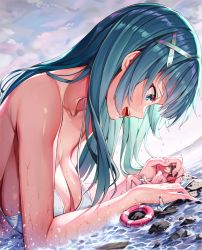 Rule 34 | 1boy, 1girl, :d, apple (luffy123), aqua eyes, aqua hair, bikini, blanket, blush, breasts, cleavage, collarbone, commentary request, from side, giant, giantess, hair ornament, hand on another&#039;s head, korean commentary, large breasts, lifebuoy, long hair, ocean, open mouth, original, profile, revision, rock, size difference, sky, smile, swim ring, swimsuit, topless male, water, wet, white bikini, x hair ornament