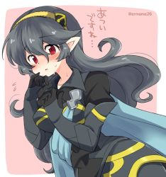 Rule 34 | 1girl, alternate color, armor, black hair, blush, cape, corrin (female) (fire emblem), corrin (fire emblem), eromame, fire emblem, fire emblem fates, hairband, long hair, nintendo, pink background, pointy ears, red eyes, simple background, solo, sweat, twitter username, upper body