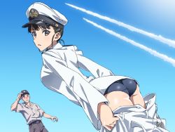 Rule 34 | 1boy, 1girl, ass, black eyes, black hair, black one-piece swimsuit, blue sky, clothes pull, contrail, crotch seam, dutch angle, epaulettes, from behind, hat, highres, jacket, kogarashi51, looking at viewer, looking back, military, military hat, military uniform, one-piece swimsuit, pants, pants pull, peaked cap, pulling own clothes, sakamoto mio, sky, standing, strike witches, swimsuit, swimsuit under clothes, uniform, white headwear, white jacket, white pants, world witches series