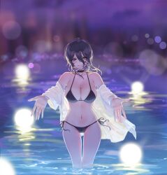 Rule 34 | 1girl, bikini, black bikini, black choker, black hair, blue eyes, breasts, chainsaw man, choker, cleavage, closed mouth, commentary, gluteal fold, green eyes, groin, highres, large breasts, lens flare, medium hair, merumeko, navel, off shoulder, open hands, orb, purple hair, reflection, reze (chainsaw man), shirt, side-tie bikini bottom, smile, solo, stomach, swimsuit, symbol-only commentary, thighs, wading, water, wavy hair, white shirt