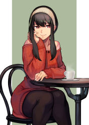 Rule 34 | 1girl, bare shoulders, black hair, border, buttons, chair, closed mouth, coffee, collarbone, commentary, cup, dress, green background, hair between eyes, hand on own cheek, hand on own face, headband, hinoru saikusa, pantyhose, plate, red dress, red eyes, sidelocks, sitting, sleeves past wrists, smile, spy x family, steam, table, white border, yor briar