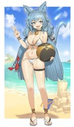Rule 34 | 1girl, absurdres, animal ears, ball, beachball, bell, bikini, blue eyes, blue hair, breasts, cat ears, cat girl, cat tail, choker, cleavage, crab, fang, front-tie bikini top, front-tie top, full body, highres, large breasts, long hair, looking at viewer, navel, neck bell, open mouth, original, outside border, romana, sand castle, sand sculpture, sandals, smile, solo, standing, swimsuit, tail, thigh strap, v, very long hair, wardrobe malfunction, white background, white bikini