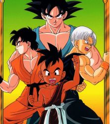 Rule 34 | 4boys, black eyes, black hair, blue eyes, child, dougi, dragon ball, dragonball z, fighting stance, green background, looking at viewer, male focus, mohawk, multiple boys, muscular, muscular child, official art, open mouth, serious, short hair, son goku, son goten, spiked hair, trunks (dragon ball), uub, wristband, yellow background